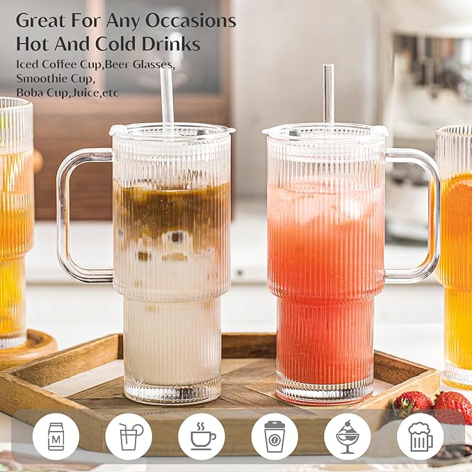 INSETLAN 24oz Ribbed Glass Tumbler with Handle & Lid – 4-Pack Large Iced Coffee Cups with Straws, Modern Glass Mug for Cold & Hot Beverages, Aesthetic Travel Cup for Smoothies, Tea, and Juice