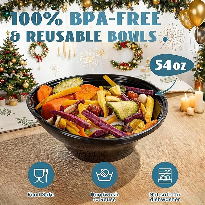 Liacere 16PCS Black Plastic Bowls - 54 OZ Angled Serving Bowls Disposable for Chip - Candy Party Table Salad and Fruit for Party & Wedding & New Year