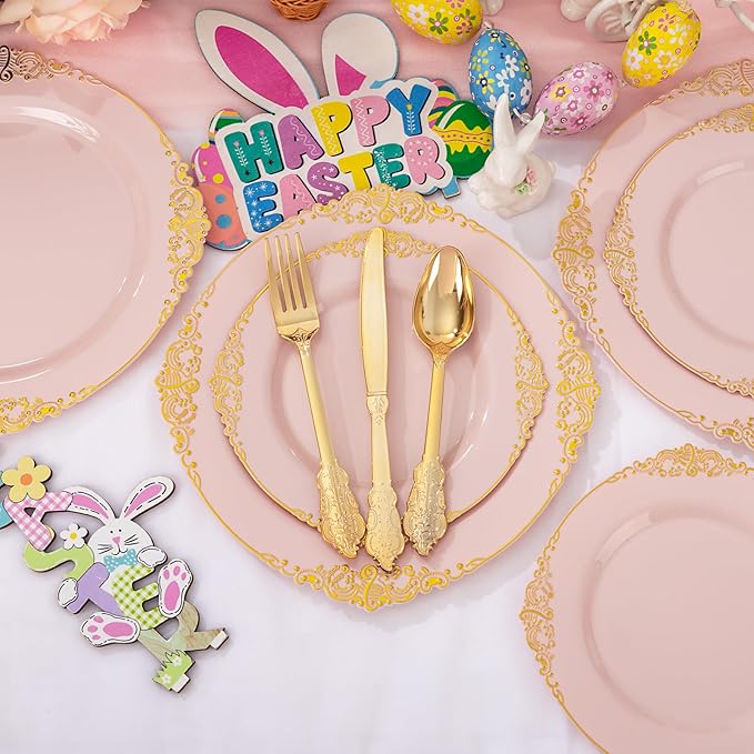 102PCS Pink Plastic Plates - Pink and Gold Plate - Heavyweight Disposable Plate with Gold Rim - Fancy Dinner & Dessert Plates for 51 Guests Weddings & Parties