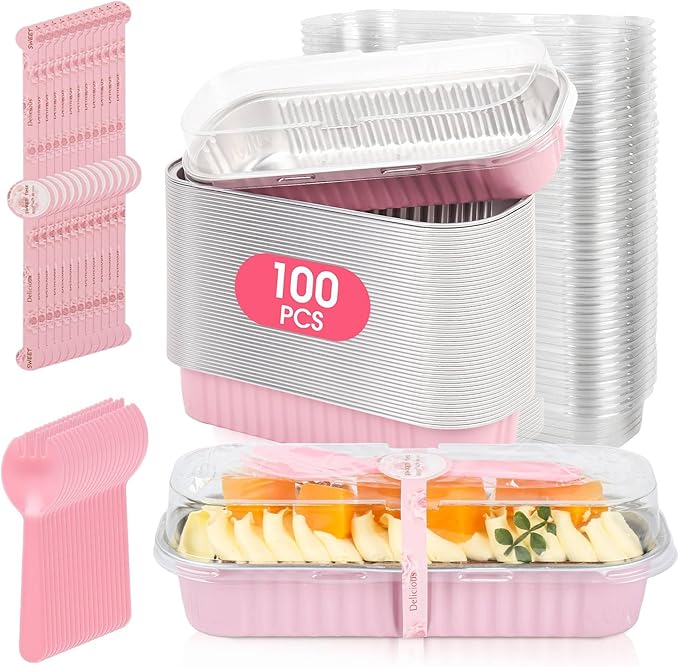 100 Pack Mini Cake Pans with Lids and Spoons,Disposable Aluminum Foil Cake Tins（6.8oz） Individual Small Cake Baking Containers for Party,Wedding,Birthday