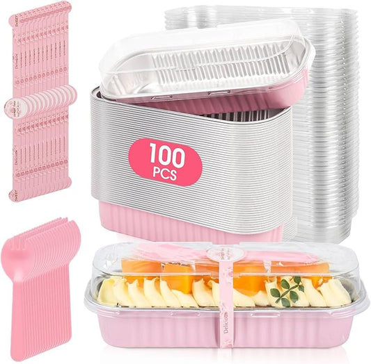 100 Pack Mini Cake Pans with Lids and Spoons,Disposable Aluminum Foil Cake Tins（6.8oz） Individual Small Cake Baking Containers for Party,Wedding,Birthday