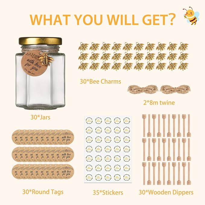 4 oz Small Honey Jars with Dipper, 30 Pack Hexagon Honey Jar for Baby Shower, Empty Glass Jars for Wedding Favors and Party Favors