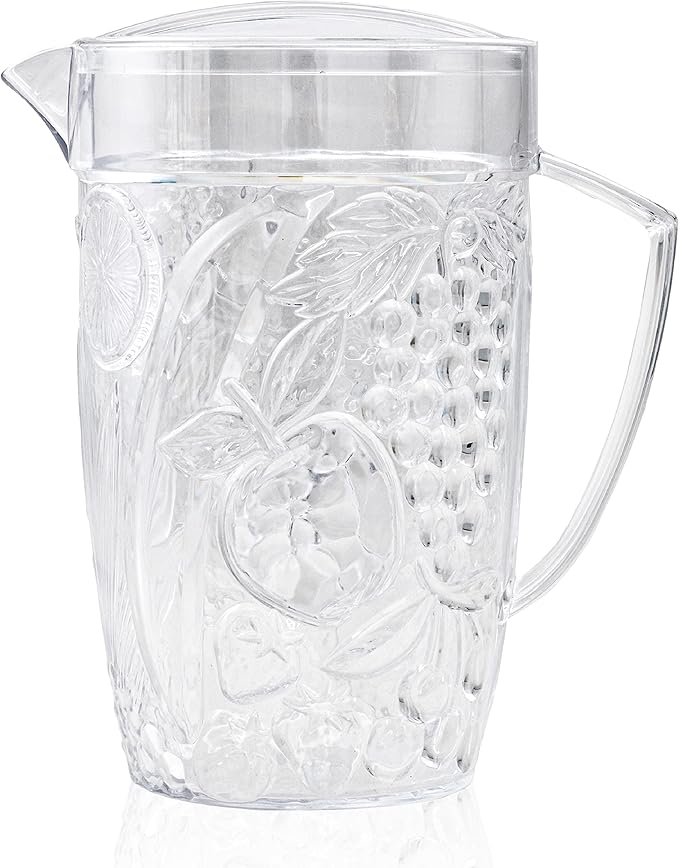 Arrow Home Products Clear Plastic Beverage Pitcher with Lid, 76 Ounce - Thick-Walled Fruit Design, Made in the USA - Fill with Ice Water, Iced Tea or Juice - BPA Free, Dishwasher Safe