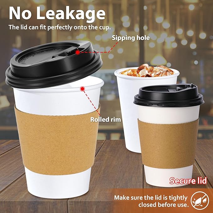 500 Pack 12 oz Disposable Coffee Cups with Lids and Insulated Sleeves, Leak-free Paper and Sturdy Thick Paper Hot to Go Coffee Cups with Lids for Cold/Hot Beverage (White)