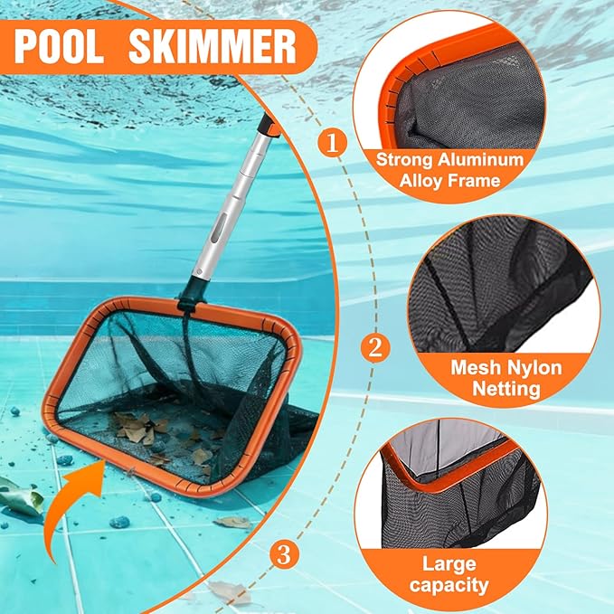 4-in-1 Pool Skimmer Net with Pole, Heavy Duty Pool Net and Fine Mesh Leaf Skimmer Net for Above Ground Pool, 12FT Telescopic Pool Pole with Professional Pool Net and Pool Hook for Cleaning