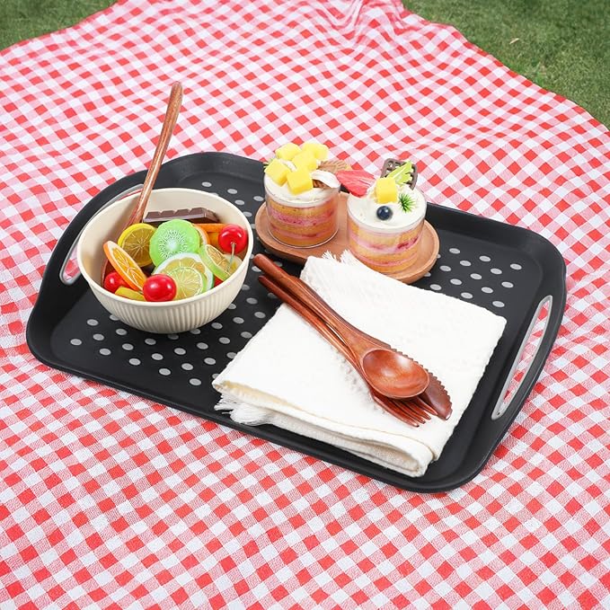 2Pcs Large Nonslip Serving Tray with Handles, Silicone Grippy Dots Lap Trays for Eating on Couch, Serving Trays for Snack Fruit Dessert Breakfast Drink, Dishwasher Rectangular