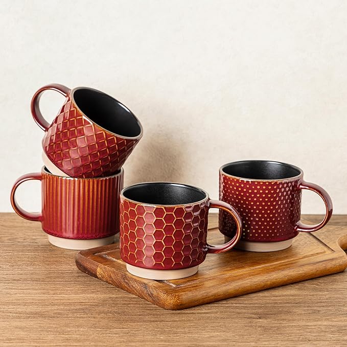 GBhome 8OZ Stackable Coffee Mugs, Ceramic Coffee Mugs with Texture Patterns for Man,Woman,Dad,Mom, Modern Coffee Cups Set of 4 for Espresso/Cappuccino. Dishwasher&Microwave Safe,Red