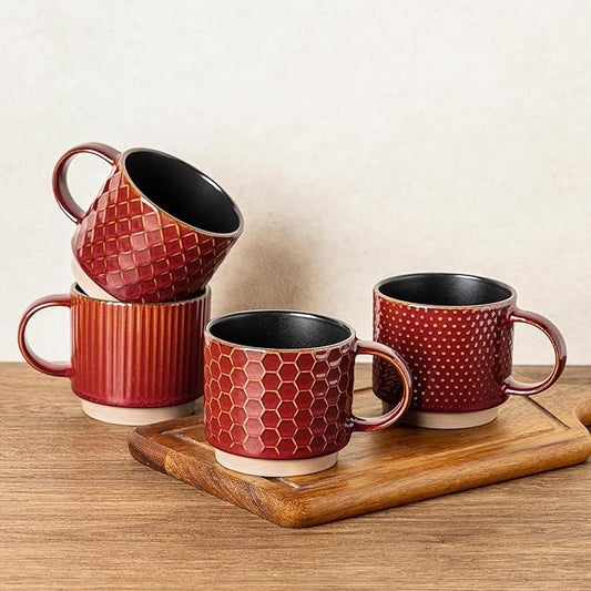 GBhome 8OZ Stackable Coffee Mugs, Ceramic Coffee Mugs with Texture Patterns for Man,Woman,Dad,Mom, Modern Coffee Cups Set of 4 for Espresso/Cappuccino. Dishwasher&Microwave Safe,Red