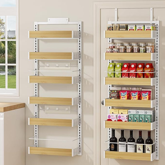 6 Tier Over The Door Pantry Organizer, 2-in-1 Door Hanging or Wall Mounted Spice Rack, Large Heavy Duty Pantry Door Storage Seasoning Shelves with Adjustable Basket for Kitchen Bathroom Closet