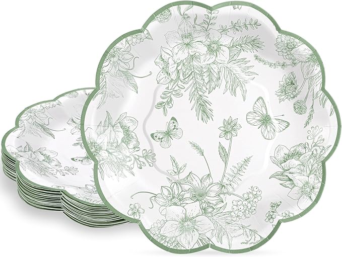 30Pcs Sage Green Floral Paper Plates, 7 Inch Spring Plates Vintage Chinoiserie Flower Plate Scalloped Cute Easter Plate for Garden Party Tea Party Birthday Baby Bridal Shower