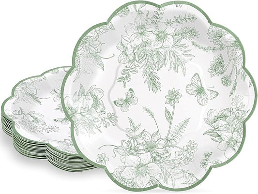 30Pcs Sage Green Floral Paper Plates, 7 Inch Spring Plates Vintage Chinoiserie Flower Plate Scalloped Cute Easter Plate for Garden Party Tea Party Birthday Baby Bridal Shower