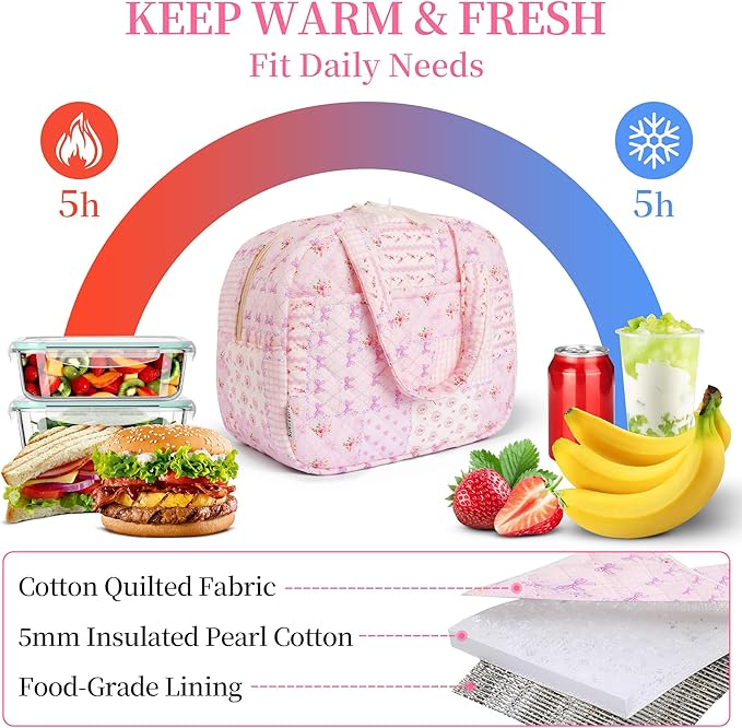 Quilted Lunch Box for Women,Coquette Aesthetic Lunch Box for Teen Girls,Cute Floral Lunch Bags for Work, School,Office,Picnic,Travel (purple pin)