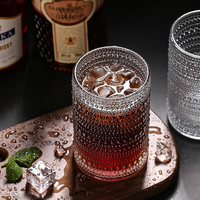 Hobnail Drinking Glasses set of 6（13 oz） Hobnail Water KItchen Glassware, Embossed Vintage Juice Glasses Tall Bar Drinkware
