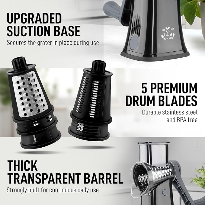 Zulay Kitchen Rotary Cheese Grater 5 Blade Cheese Shredder - Manual Hand Crank Cheese Grater With Reinforced Suction & 5 Interchangeable Drums - Easy to Use, Vegetable Chopper Round Mandoline Slicer