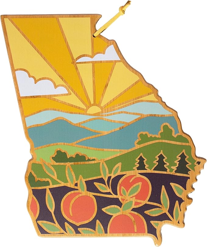Totally Bamboo Georgia State Shaped Cutting Board and Charcuterie Serving Platter with Artwork by Summer Stokes, Includes Hang Tie for Wall Display 11-3/4" x 13-1/4" x 5/8"