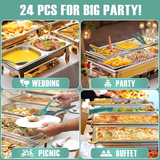 Reusable Plastic Serving Utensils Set of 24, 10" Wheat Straw Large Serving Set - Slotted Spoons/Tongs, for Party Buffet Catering (Orange/Blue/Yellow/Green, Not for Cooking)