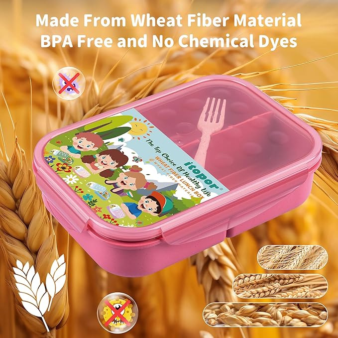 Wheat Straw Lunch Box, Leakproof 3-Compartment Bento Box for Kids & Adults, BPA-Free, Microwave & Dishwasher Safe, 5.5 Cup/1400 ml, Dusty Rose