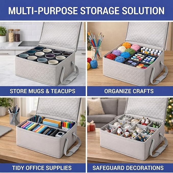 Coffee Mug Storage Bin - Mug Storage Box for Coffee Cups & Mugs (Holds 12 Cups) - Stackable Mug Storage Organizer with Dividers for Kitchen Cabinets & Countertops (Grey & Beige) by Govilla
