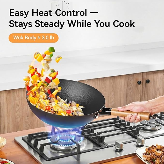 WANGYUANJI 12.6" Carbon Steel Wok with Glass Lid & Detachable Wood Handle, Heavy Duty Thick Gauge Flat Bottom Wok Pan for Induction, Gas & Electric Stoves, Unseasoned Asian Stir Fry Pan