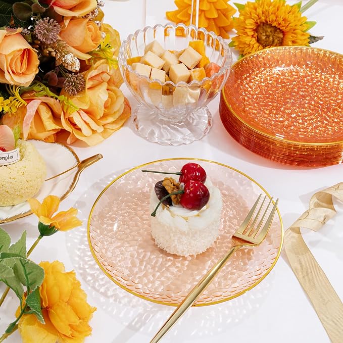 Rubtlamp 100 Pcs Clear Orange Gold Plastic Plates, Hammered Orange Party Plates,Heavy duty Dessert Plates,Disposable Salad/Dessert Platos,Clear Gold Plastic Platos 7 Inch for Party