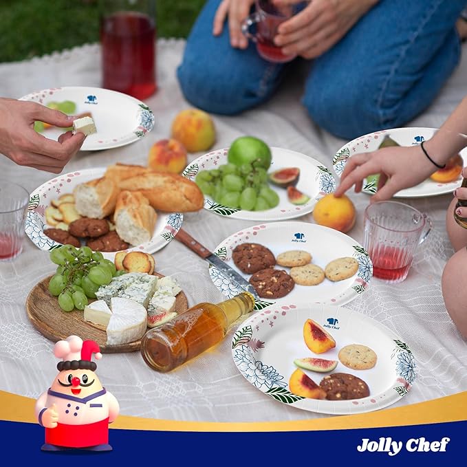 JOLLY CHEF 280 Count Paper Plates 8.37 inch Soak Proof, Cut Proof, Heavy Duty Flower Printed Disposable Paper Plates for Everyday Use, Thanksgiving, Christmas Day