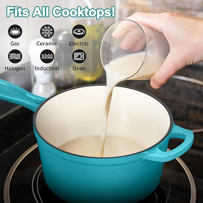 Enameled Cast Iron Sauce Pan with Lid, Leonyo 2 Quart Saucepan with Lid, Enamel Cast Iron Pot Dutch Oven Kitchen Cookware for All Cooktops Cooking Soup, Milk - Up to 500°F & 6.7Lbs, Lake Green
