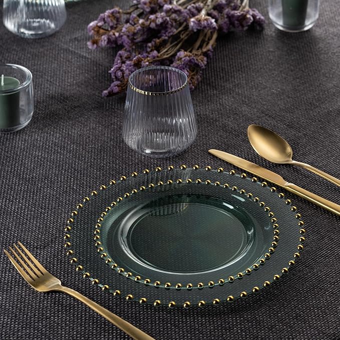 PLASTICPRO 64 Piece Combo Plastic Dinner Plates Disposable Plastic Fancy Heavy Duty Party Dishes 7 inch and 10 inch, Translucent Green and Gold Beaded
