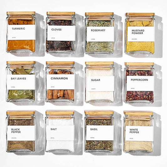 Glass Spice Jars with Bamboo Lid, 4oz Square Spice Containers for Pantry Organization, Seasoning Bottles with Labels, Spoons, Funnel for Salt Sugar
