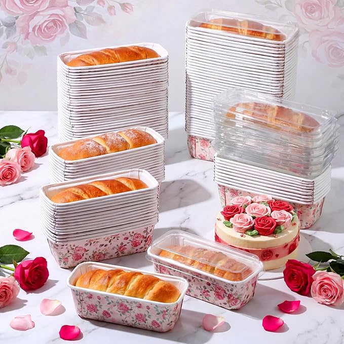 LemonRoad 100 Pcs Rose Mini Loaf Pans with Lids 6.3 x 2.2 x 2.2 Inch Floral Disposable Paper Baking Pan Bulk, Mothers Day Wedding Bridal Baby Shower Baking Party Supplies for Cake Bread Oven Bakery