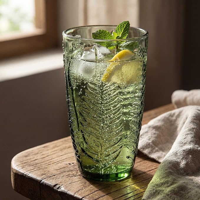 16 oz Green Fern-Embossed Tumblers – Set of 8 Drinking Glasses, Artisanal-Style Vintage Textured Glassware for Water, Sparkling Drinks, Lemonade & Mocktails – Retro Boho Kitchen & Home Table Decor