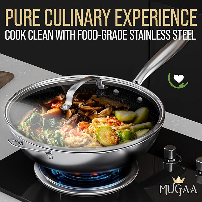 Woks & Stir-Fry Pans Nonstick, 12.5" Stainless Steel Wok with Lid | Tri-Ply Honeycomb Hybrid Stir Fry Wok Pan | Induction & Oven Safe | Dishwasher Safe