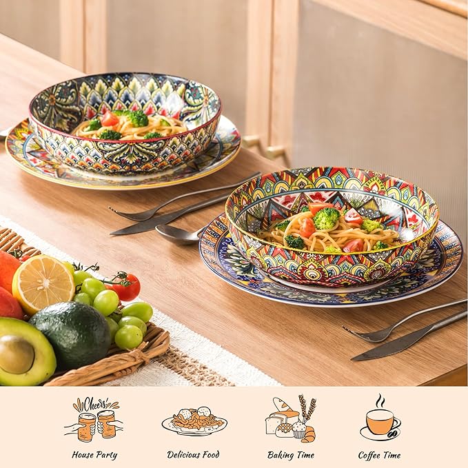 Henten Home Porcelain Pasta Bowls Set of 2, Ceramic 50 oz Soup Bowl, Colorful Large Salad Bowls, Bohemia Style Serving Bowls Set for Noodles, Microwave & Dishwasher Safe (Set A)