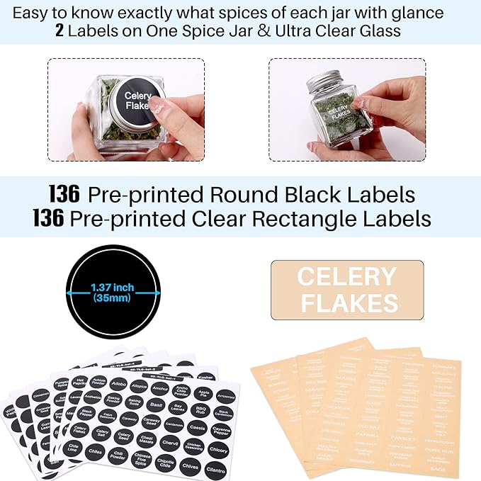 MIUKAA 49-Pack Cube Glass Spice Jars with 372 Labels, 49 Shakers, Lids, 4.5 oz Empty Square Spice Bottle, Reusable Clear Kitchen Spice Storage Containers