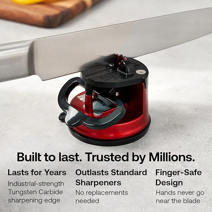 AnySharp – Pro – Hands Free Knife Sharpener - Easy to Use Sharpening Tool with PowerGrip Suction Base and 20-Degree Pre-Set Angle - for All Knives: Chef's, Serrated, and Hardened Steel - Matte Red