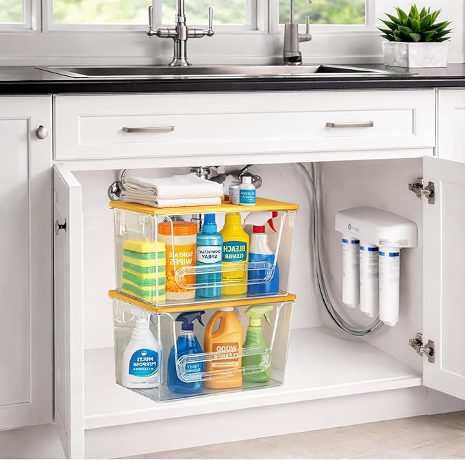 2 Set Pantry organizers and Storage,Trash Bag Holder Under sink Organizer for 4-13 Gal Bags,Trash Bag Dispenser with Bamboo Lids and Stackable Clear Bins for Potato, Onion, Garlic, Fruit, Vegetables