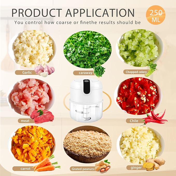 EASYSPEED Electric Garlic Chopper 1Cup, Mini USB-C Charging Food Processor, Garlic Mincer with 3 Stainless Steel Sharp Blades, Portable Kitchen Meat Grinder for Onion, Ginger, Chili, Baby Food, White