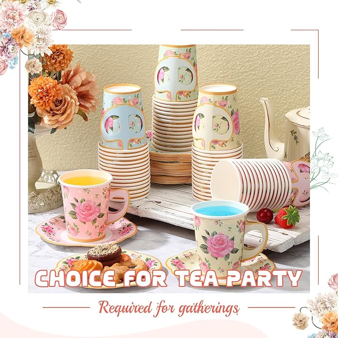 Umigy 60 Sets Spring Tea Party Decorations 9 oz Floral Paper Teacups & Saucer Set for Girls Women Afternoon Tea Parties Mothers Day Bridal Shower Wedding Birthday Party Decorations(Multicolored)