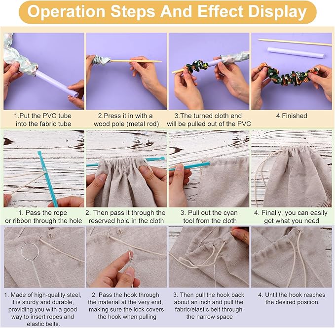 10pcs Quick Turn Fabric Sewing Tools Set, Loop & Tube Turner & Threader for Sewing Threading Crafting & DIY Projects Multifunctional Fabric Turning Tools for Fast & Easy Use