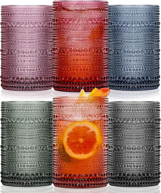 Colored Hobnail Drinking Glasses Set of 6, 12oz Vintage Kitchen Glassware, Embossed Design Water Glasses, Glass Cups, Water Tumbler for Beer, Juice, Cocktail, Whiskey, Milk