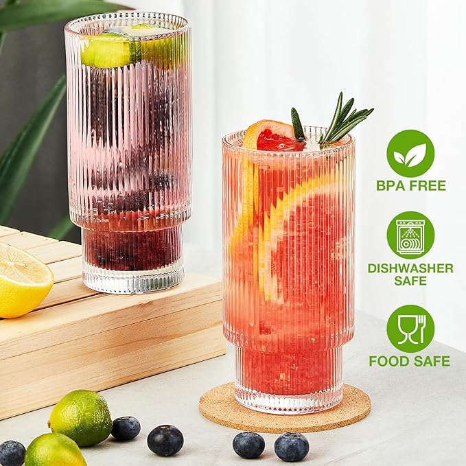 6 Pack Ribbed Drinking Glasses, 16 oz Vintage Glass Cups, Highball Glasses, Premium Iced Coffee Glasses, Clear Glass Tumbler, Cocktail Glasses, Elegant Glassware for Water Juice Whiskey Beer