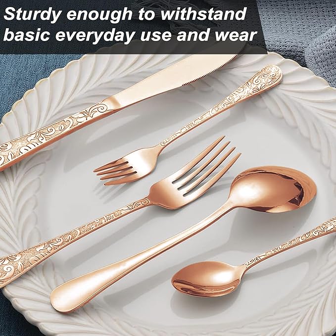 Runfly Vintage Carved Rose Gold/Copper Stainless Steel 20 Pieces Flatware Set, Silverware Set, Modern Embossed Cutlery Set Utensils Including Fork Spoon and Knife
