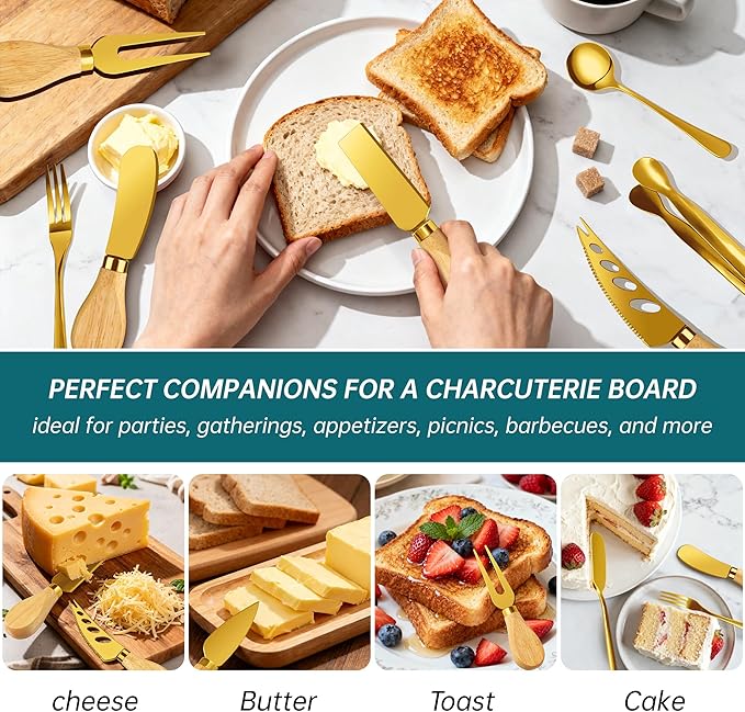 Gold Charcuterie Boards Accessories Bowls Utensils, Cheese Knife Set Mini Butter Spreader, Serving Tongs, Forks, Spoons, Dipping Bowls with Lids, Toothpick Flag, Honey Dippers for Party Platter Making