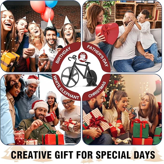 Bicycle Pizza Cutter Wheel - Gifts for Cyclists, Men, Dad, Bike Lovers - Funny Kitchen Gadgets - Cool Father’s Day, Christmas, Birthday, White Elephant Gifts - Stainless Steel Pizza Slicer(Black)