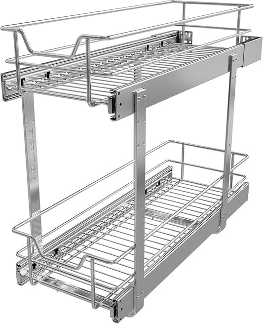 2 Tier Pull Out Cabinet Organizer 9" W X 22" D, Slide Out Drawers for Kitchen Cabinets, Pull Out Drawers for Cabinets Capacity Heavy Duty Caddy, Cabinet Pullout Shelves Chrome-Plated,Bathroom Pantry