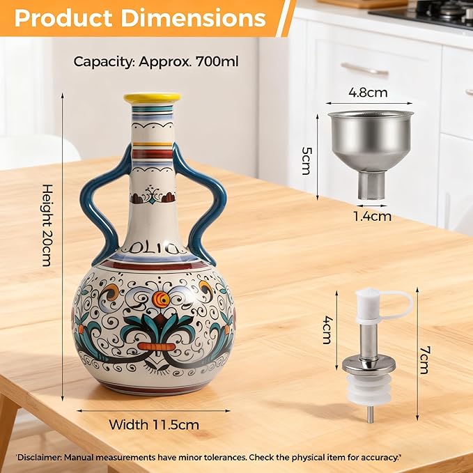 Ceramic Olive Oil Dispenser Bottle 23oz, Hand Painted Olive Oil Bottles, Decorative Stoneware Olive Oil Cruet for Kitchen with Stainless Steel Spout for Oils, Sauces, Vinegar (B)