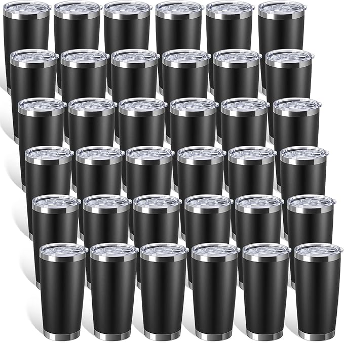 Sieral 36 Pack Stainless Steel Tumblers Bulk with Lids Double Wall Vacuum Insulated Coffee Cups Blank leakproof Powder Coated Tumblers for Engraving Wedding Graduation Party Favors(20 oz,Black)