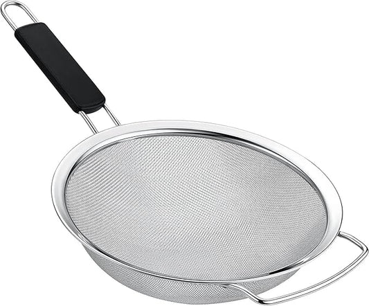 8" Large Fine Mesh Strainer with thermo plastic rubber handle - Sieve Fine Mesh Stainless Steel - Ideal to Strain Pasta, Quinoa and Rice.