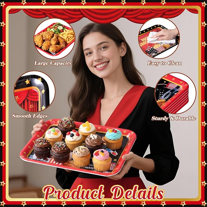 Vesici 4 Pack Movie Night Melamine Serving Trays, 13 x 10 Inch Rectangular Cinema Snack Platters with Popcorn & Film Designs, Durable Serving Plates for Home Theater, Parties & Appetizers