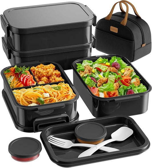 Adults Bento Lunch Box Set with Thermo Bag, 74oz Stackable Leak-proof 3-tiers Bento Box, Built-in Utensil and Sauce Container for Work, School, Dining Out (Black)