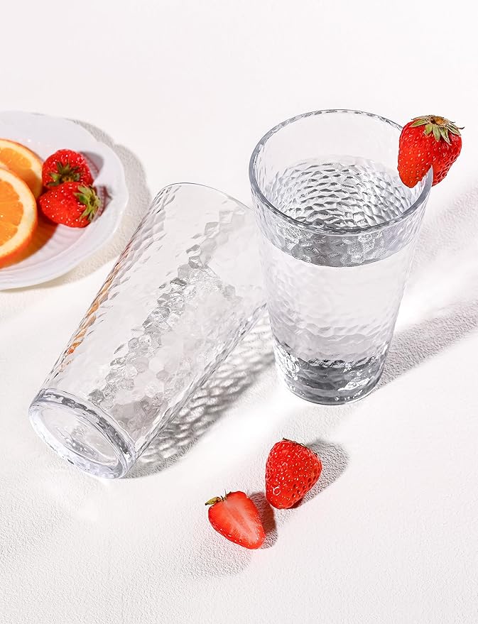 Drinking Glasses Set of 8,16oz Clear Highball Water Glasses,Stackable Lead-Free Hammered Glass Cups,Kitchen Drinkware Glassware for Cocktail,Beer,Juice,Iced Tea,Margaritas and Mixed Drinks